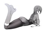  ass bangs blunt_bangs boots breasts crossed_arms from_side gloves greyscale hizuki_akira knee_boots leg_up long_hair long_sleeves looking_at_viewer lying medium_breasts monochrome natsume_(pokemon) on_stomach pantyhose pokemon pokemon_(game) pokemon_rgby solo white_gloves 