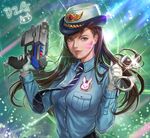  abstract_background alternate_costume animal_print backlighting bad_id bad_pixiv_id bangs blue_shirt breast_pocket breasts brown_eyes brown_hair bunny_print charm_(object) collared_shirt cuffs d.va_(overwatch) facepaint facial_mark female_service_cap finger_on_trigger glint gloves green_background gun handcuffs handgun holding holding_gun holding_weapon light_particles light_rays lips long_hair long_sleeves looking_at_viewer necktie nose officer_d.va overwatch patch pink_lips pistol pocket shirt signature small_breasts smile solo striped striped_neckwear swept_bangs ttaji_(pass35) upper_body weapon whisker_markings white_gloves 