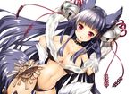 animal_ears bangs bare_shoulders bell black_panties blue_gloves blue_hair blush breasts cleavage collarbone commentary_request cowboy_shot erune fox_ears fox_shadow_puppet fox_tail fur gloves granblue_fantasy hair_bell hair_ornament hair_ribbon jingle_bell large_breasts long_hair looking_at_viewer navel panties parted_lips purple_ribbon red_eyes revealing_clothes ribbon smile solo stomach tail tamiya_akito underwear very_long_hair yuel_(granblue_fantasy) 
