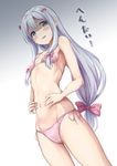  absurdres akita_hika bad_id bad_pixiv_id bangs bikini blue_eyes blush bow breasts cowboy_shot eromanga_sensei gradient gradient_background grey_background grey_hair hair_bow hands_on_own_stomach highres izumi_sagiri long_hair looking_at_viewer low-tied_long_hair parted_lips pink_bikini pink_bow shaded_face side-tie_bikini small_breasts solo stomach swimsuit tall teeth thighs translated white_background 