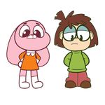  2017 anais_watterson anthro brown_hair cartoon_network clothing crossover dress duo eyewear female fur glasses hair human lagomorph lisa_loud looking_at_viewer m0n1e mammal pink_fur rabbit simple_background standing sweater the_amazing_world_of_gumball the_loud_house young 