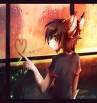  5_fingers anthro black_bars brown_fur brown_hair canine clothed clothing detailed_background fur hair male mammal punxsimon raining smile solo white_fur window 