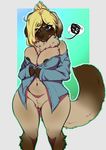  2017 annoyed anthro avante92 big_breasts black_nipples blonde_hair blue_eyes bottomless breasts canine cleavage clothed clothing deep_navel digital_media_(artwork) dog female hair hi_res mammal navel neck_tuft nipples partially_clothed pussy slightly_chubby solo standing thick_thighs tongue tongue_out tuft voluptuous wide_hips 