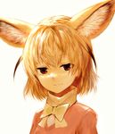  :3 animal_ears blonde_hair bow bowtie extra_ears fennec_(kemono_friends) fox_ears highres jacket kemono_friends looking_at_viewer red_eyes short_hair simple_background smile smug solo sukemyon upper_body white_background 