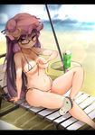  absurdres arm_support bare_legs beach bendy_straw bespectacled bikini blurry breasts chair cleavage collarbone day depth_of_field drink drinking_straw eyebrows_visible_through_hair flanvia folded_leg food front-tie_bikini front-tie_top glasses hat highres ice_cream ice_cream_float leg_up long_hair looking_at_viewer lounge_chair medium_breasts melon_soda micro_bikini mouth_hold navel outdoors patchouli_knowledge purple_eyes purple_hair red-framed_eyewear sandals shoe_soles side-tie_bikini skindentation solo strap_gap sunlight swimsuit touhou untied untied_bikini very_long_hair 