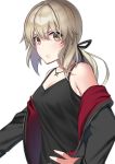  1girl artoria_pendragon_(all) black_jacket black_ribbon black_shirt blonde_hair breasts cleavage eyebrows_visible_through_hair fate/stay_night fate_(series) hair_between_eyes hair_ribbon hand_on_hip jacket jewelry long_hair looking_at_viewer medium_breasts necklace off_shoulder open_clothes open_jacket ponytail ribbon saber_alter shiny shiny_hair shirt sideboob simple_background sleeveless sleeveless_shirt solo sterilizedgauze-qhx upper_body white_background yellow_eyes 