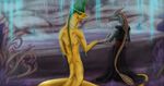  alien anthro blue_eyes clothed clothing detailed_background duo female keltaan male nude yellow_skin 