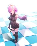  1girl ahoge armored_leotard bangs black_leotard breasts breasts_apart checkered checkered_floor elbow_gloves fate/grand_order fate_(series) full_body gloves hand_on_hilt highres kinpun_(fgxdw447) leotard looking_at_viewer mash_kyrielight outstretched_arm pink_hair purple_eyes purple_gloves short_hair solo standing swept_bangs sword weapon 