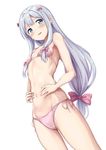 absurdres akita_hika armpits arms_up bad_id bad_pixiv_id bangs bare_arms bare_shoulders bikini blue_eyes blush bow breasts collarbone commentary_request cowboy_shot eromanga_sensei from_below grey_hair hair_bow hands_on_own_stomach highres izumi_sagiri long_hair looking_at_viewer looking_down low-tied_long_hair navel parted_lips pink_bikini pink_bow pink_hair pink_ribbon ribbon side-tie_bikini sideboob sidelocks silver_hair simple_background small_breasts solo standing stomach swimsuit tall tareme teeth thighs underwear very_long_hair white_background 