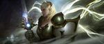  blonde_hair breastplate chainmail crusader_(diablo_3) diablo_3 energy energy_wings gauntlets highres medium_hair parted_lips pauldrons realistic shield solo sword weapon wind yellow_eyes yijian_ma 