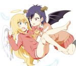  angel_and_devil angel_wings barefoot blonde_hair blue_eyes blush bow bowtie cardigan carrying commentary_request demon_horns demon_wings feathers floating gabriel_dropout hair_ornament halo highres horns jacket kuro_neko_(artist) long_hair multiple_girls no_pants open_mouth princess_carry purple_eyes purple_hair school_uniform short_hair smile surprised tenma_gabriel_white track_jacket tsukinose_vignette_april white_background wings x_hair_ornament 
