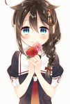  arms_at_sides bangs beige_background blue_eyes blush braid brown_hair closed_mouth commentary_request eyebrows_visible_through_hair flower hair_between_eyes hair_flaps hair_ornament hair_over_shoulder holding holding_flower jewelry kantai_collection long_hair looking_at_viewer naoto_(tulip) neckerchief pink_flower red_flower red_neckwear red_rose remodel_(kantai_collection) revision ring rose shigure_(kantai_collection) short_sleeves simple_background single_braid smile solo tareme upper_body wedding_band 