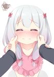  3: absurdres agung_syaeful_anwar blush bow cheek_pinching cheek_pull closed_eyes collarbone commentary_request dress eromanga_sensei eyebrows_visible_through_hair facing_viewer from_above hair_bow highres izumi_sagiri long_hair nose_blush pinching pink_dress pov silver_hair simple_background solo_focus squiggle white_background 