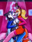  alura blaze-lupine canine clothed clothing female female/female fox kissing mammal pole skimpy stripper_pole wolf 