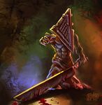  1boy abs blood great_knife grimbro konami monster muscle pyramid_head silent_hill sword toned 