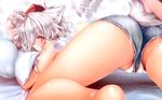  all_fours animal_ears ass bare_arms bare_legs bare_shoulders barefoot bed bent_over from_behind gizensha hat heart highres inubashiri_momiji looking_at_viewer looking_back on_bed panties partially_visible_vulva pillow pom_pom_(clothes) red_eyes short_hair short_shorts shorts skin_tight sleeveless solo tail tail_wagging tokin_hat touhou underwear upshorts white_hair white_panties wolf_ears wolf_tail 