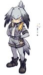  bird_tail bird_wings black_gloves boots chin_stroking collared_shirt color_guide feathered_wings fingerless_gloves full_body gloves grey_hair grey_neckwear grey_shirt grey_shorts hand_on_hip head_wings highres kemono_friends long_hair looking_at_viewer low_ponytail mizuno_(okn66) multicolored_hair necktie pantyhose shirt shoebill_(kemono_friends) shorts side_ponytail silver_hair simple_background tsurime white_background wings 