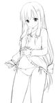  bangs blush bow bow_panties closed_mouth clothes_lift commentary_request cowboy_shot eromanga_sensei eyebrows_visible_through_hair frills greyscale hair_bow highres izumi_sagiri lifted_by_self lineart long_hair looking_at_viewer low-tied_long_hair monochrome pajamas panties side-tie_panties simple_background solo sousouman thighs underwear 