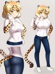  :d alternate_costume animal_ears ass blonde_hair blush breasts casual commentary_request denim elbow_gloves fang full_body gloves hand_on_hip iwahana jaguar_(kemono_friends) jaguar_ears jaguar_print jaguar_tail jeans kemono_friends large_breasts looking_at_viewer multicolored_hair multiple_views open_mouth pants shirt short_hair short_sleeves smile t-shirt tail towel 