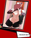  1girl areolae artist_request blush breasts breasts_outside english glasses large_breasts long_hair navel nipples open_clothes orange_hair persona_5 purple_eyes sakura_futaba self_shot short_shorts shorts solo text 