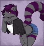  anthro bent_over clothed clothing crossdressing fur hair iriedono looking_at_viewer male mammal raccoon solo striped_tail stripes 