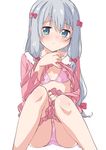  :t absurdres bangs bikini bikini_under_clothes blue_eyes blush bow breasts breasts_apart closed_mouth collarbone commentary_request crotch_seam ear_blush embarrassed eromanga_sensei eyebrows_visible_through_hair hair_between_eyes hair_bow highres izumi_sagiri knees_together_feet_apart lifted_by_self long_hair long_sleeves looking_at_viewer mousou_(mousou_temporary) pajamas pink_bikini pink_bow pink_pajamas pink_shorts shirt_lift shorts shorts_pull side-tie_bikini sidelocks silver_hair simple_background sitting small_breasts solo strap swimsuit white_background 