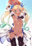  :d absurdres areola_slip areolae armpits arms_up ball bangs bikini black_legwear blonde_hair blue_bow blue_eyes blue_neckwear bow bowtie commentary_request cowboy_shot dark_skin eyebrows_visible_through_hair flat_chest foreshortening gradient gradient_background gradient_hair granblue_fantasy green_eyes groin hair_ornament highres holding io_euclase leg_up legs_apart long_hair looking_at_viewer micro_bikini multicolored_hair navel niko_(tama) open_mouth parted_bangs red_hair running shiny shiny_clothes shiny_skin smile solo stomach swimsuit tareme thighhighs twintails vee_(granblue_fantasy) very_long_hair waist_cape white_bikini 