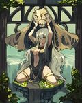  arms_up artist_name bracelet breasts cleavage cleavage_cutout commentary_request grass grey_hair hair_between_eyes holding_skull jewelry kneeling lansane long_hair looking_at_viewer medium_breasts navel original pelvic_curtain robe skull smile solo thigh_strap water wide_sleeves yellow_eyes 