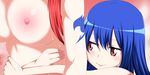  2girls areolae blue_hair blush breasts erza_scarlet fairy_tail large_breasts long_hair multiple_girls nipples red_hair tattoo wendy_marvell 