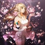  bangs basket bike_shorts blonde_hair branch breasts cherry_blossoms dress elbow_gloves elf floating_hair flower gloves green_eyes hair_ornament highres kawamatsu_yoshinori long_hair medium_breasts open_mouth original pointy_ears revision smile solo standing white_dress white_gloves 