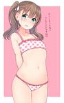  :d aqua_eyes arms_behind_back bad_anatomy bangs bare_shoulders blush border bra brown_hair collarbone cowboy_shot eyebrows_visible_through_hair flat_chest frilled_bra frilled_panties frills groin hair_ribbon heart legs_together long_hair looking_at_viewer mole mole_on_body navel nekoume open_mouth original outside_border panties pink_background polka_dot polka_dot_bra polka_dot_panties raised_eyebrows ribbon simple_background smile solo standing stomach tareme translation_request twintails underwear white_border white_ribbon 