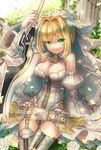  bad_id bad_pixiv_id blonde_hair blush breasts cleavage eyebrows_visible_through_hair fate/extra fate_(series) gloves green_eyes highres large_breasts looking_at_viewer nero_claudius_(bride)_(fate) nero_claudius_(fate)_(all) smile solo thighhighs white_gloves white_legwear white_sleeves yumeichigo_alice 