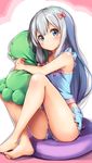  aqua_eyes bare_shoulders barefoot blue_shirt blue_shorts blush bow closed_mouth commentary_request eromanga_sensei hair_bow hug izumi_sagiri long_hair looking_at_viewer pink_bow revision shirt shorts silver_hair solo strapless stuffed_toy yuuki_yuu 