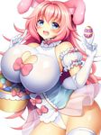  animal_ears basket blue_eyes blush breasts bunny_ears cleavage_cutout cowboy_shot easter easter_egg egg elbow_gloves gloves huge_breasts inma_kourin_devil_carnival leotard long_hair open_mouth pink_hair seta_(monyun) simple_background solo thighhighs v very_long_hair white_background white_gloves 