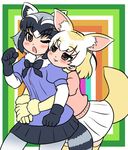  animal_ears black_hair blonde_hair blush bow bowtie brown_eyes commentary_request common_raccoon_(kemono_friends) edamamezooooo fennec_(kemono_friends) fox_ears fox_tail gloves hug hug_from_behind kemono_friends multicolored_hair multiple_girls open_mouth pantyhose puffy_short_sleeves puffy_sleeves raccoon_ears raccoon_tail short_hair short_sleeves skirt smile tail thighhighs yuri 