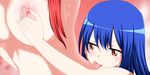  2girls areolae blue_hair blush breast_grab breasts brown_eyes erza_scarlet fairy_tail large_breasts long_hair multiple_girls nipples red_hair tongue tongue_out wendy_marvell 