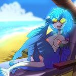  2015 anthro anus areola_nipples beach beverage blue_hair breasts eyewear fish glowing glowing_hair glowing_nipples glowing_pussy hair lonbluewolf looking_at_viewer marine nipples one_eye_closed open_mouth pussy seaside solo sunglasses tongue 