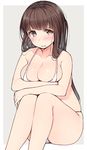  bangs bikini blush breasts brown_eyes brown_hair cleavage collarbone curvy eyebrows_visible_through_hair grey_background large_breasts legs_together long_hair looking_at_viewer micro_bikini nekoume original parted_lips sitting solo swimsuit thighs two-tone_background white_background white_bikini 