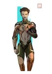  absurdres android atom_(tetsuwan_atom) boots brown_hair clenched_hand cowboy_shot hand_on_own_chest highres male_focus older open_mouth robot_joints shirtless short_hair shorts signature simple_background tetsuwan_atom white_background yooeun_jang 