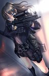  black_gloves black_hair black_legwear blue_eyes explosive gloves grenade gun h&amp;k_mp5 heckler_&amp;_koch highres holding_gloves kneehighs long_hair necktie original ponytail school_uniform skirt solo specterz submachine_gun vest weapon 