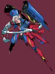  adapted_costume arrow blue_eyes bow_(weapon) braid breasts drawing_bow foreshortening grey_hair highres long_braid long_hair maroon_background mecha mecha_musume mechanization medium_breasts midriff navel_cutout power_armor red_cross robot_joints simple_background single_braid solo toriburi touhou weapon yagokoro_eirin 