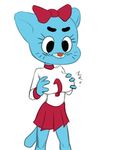  2017 anthro big_breasts blue_fur blush breasts cartoon_network cat cerebropodrido cheerleader cheerleader_outfit digital_media_(artwork) eyelashes feline female fur grope hair_bow hair_ribbon mammal nicole_watterson ribbons self_groping simple_background solo standing the_amazing_world_of_gumball whiskers white_background zeigram 