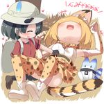  2girls :d animal_ears backpack bag belly_rub black_gloves black_hair blonde_hair blush bow bowtie commentary elbow_gloves gloves hat hat_feather heart helmet high-waist_skirt highres kaban_(kemono_friends) kemono_friends lucky_beast_(kemono_friends) lying makuran multiple_girls on_back on_ground open_mouth pantyhose pith_helmet print_legwear print_neckwear print_skirt red_shirt serval_(kemono_friends) serval_ears serval_print serval_tail shirt short_hair skirt sleeveless sleeveless_shirt smile striped_tail tail thighhighs translated 