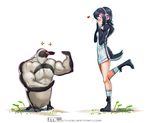  1girl bird blush flexing grape-kun headphones heart highres humboldt_penguin humboldt_penguin_(kemono_friends) jacket kemono_friends leg_up mathias_leth muscle penguin pose simple_background smile sparkle white_background 