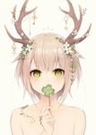  antlers bangs blonde_hair blush clover collarbone commentary_request covering_mouth eyebrows_visible_through_hair eyelashes flower four-leaf_clover green_eyes hair_flower hair_ornament highres holding horn_flower horn_ornament jewelry key looking_at_viewer muryotaro nude original plant shiny shiny_hair short_hair solo tsurime upper_body x_hair_ornament 