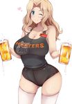  ;) alcohol beer beer_mug black_shirt black_shorts blonde_hair blue_eyes breasts character_name cleavage closed_mouth clothes_writing cowboy_shot cup curvy employee_uniform girls_und_panzer heart holding holding_cup hooters huge_breasts kay_(girls_und_panzer) long_hair name_tag one_eye_closed shirt short_shorts shorts simple_background skin_tight smile solo tank_top thighhighs uniform waitress white_background white_legwear yuzumiya_mono 