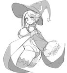  absurdres artist_request bad_id bad_pixiv_id bare_shoulders bikini bikini_warriors black_bikini blush breasts cape crescent detached_sleeves hat highres large_breasts looking_at_viewer mage_(bikini_warriors) monochrome short_hair sideboob sketch solo star swimsuit thighhighs underboob witch_hat 