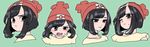  &gt;:( 3; aqua_background bangs beanie black_eyes black_hair blush bob_cut collarbone d: expressions eyebrows_visible_through_hair eyes_visible_through_hair frown hat highres looking_away looking_down minapo moon_(pokemon) multiple_views one_eye_closed open_mouth poke_ball_theme pokemon pokemon_special red_hat shirt short_hair short_sleeves simple_background sweat swept_bangs tank_top teeth tongue undershirt upper_body v-shaped_eyebrows white_shirt yellow_shirt 