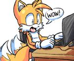  amuzoreh anthro black_nose blue_eyes canine chair clothing computer english_text fox fur gloves low_res male mammal miles_prower sitting solo sonic_(series) text video_games white_fur yellow_fur 