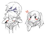  2boys blush cape chibi covering_eyes dual_persona eri_(erikiri) female_my_unit_(fire_emblem:_kakusei) fire_emblem fire_emblem:_kakusei fire_emblem_heroes hood krom long_hair male_my_unit_(fire_emblem:_kakusei) monochrome multiple_boys my_unit_(fire_emblem:_kakusei) short_hair smile twintails white_hair 